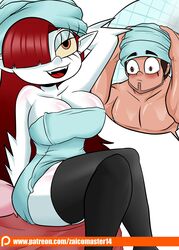 1boy 1girls 2020 absurd_res absurdres bed big_breasts blush breasts brown_eyes brown_hair color curvaceous curvy curvy_figure demon demon_girl disney duo duo_focus eyelashes facial_hair female hair_over_one_eye hand_on_head hekapoo hi_res high_resolution highres horn horned_humanoid human human_on_humanoid humanoid imminent_sex interspecies male male_human/female_demon male_human/female_humanoid marco_diaz multiple_views on_bed pointy_ears red_hair scar scar_across_eye shocked simple_background smile smiling star_vs_the_forces_of_evil stockings straight surprised textless towel towel_on_head towel_wrap voluptuous white_background white_skin zaicomaster14