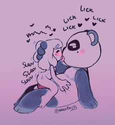 1girls 2020 animal_crossing anthro ass blush chibi chow_(animal_crossing) closed_eyes duo english_text female female_on_top genitals giant_panda human human_on_anthro interspecies kissing magnta male mammal nintendo open_mouth penetration penis sex short_hair simple_background sitting size_difference slightly_chubby spread_legs text tongue tongue_out ursid vaginal_penetration video_games villager_(animal_crossing)