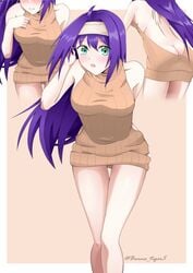 1girls ass ass_cleavage back back_view bare_arms bare_legs bare_shoulders blush burns_tiger5 butt_crack fire_emblem fire_emblem:_path_of_radiance fire_emblem:_radiant_dawn green_eyes hand_in_hair headband long_hair mia_(fire_emblem) naked_sweater nintendo no_bra no_panties purple_hair seductive seductive_smile sweater virgin_killer_sweater