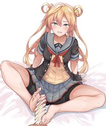 1boy absurdres abukuma_(kantai_collection) barefoot bike_shorts blonde_hair blue_eyes censored double_bun embarrassed female footjob gloves highres jacket kantai_collection long_hair looking_at_viewer miniskirt on_bed partly_fingerless_gloves penis ribbon sailor_collar skirt straight suisen_toire_(moko924) twintails