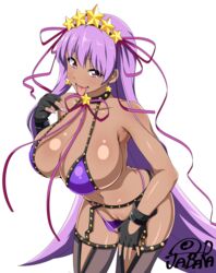 bb_(fate) bb_(swimsuit_mooncancer) beads bikini breasts dark-skinned_female dark_skin earrings fate/grand_order fate_(series) fingerless_gloves garter_belt gloves gyaru hair_ornament highres huge_breasts jabara_tornado kuro_gyaru long_hair navel purple_eyes purple_hair pussy ribbon simple_background solo tan thighhighs tongue_out very_long_hair