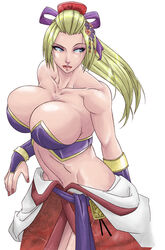 bimbo blonde_eyebrows blonde_hair blue_eyes bra breasts bursting_breasts collarbone eyelashes female_only geisha gloves hair_ornament huge_breasts inglourious-basterds japanese_clothes japanese_clothing kimono kimono_down large_breasts lipstick makeup namco navel open_mouth painted_nails purple_eyeshadow ribbon robe setsuka shirtless slim soul_calibur soul_calibur_iv toned toned_female