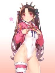 :< asymmetrical_legwear bangs black_bow black_hair blue_ribbon blush bow breasts brown_hair closed_mouth contrapposto covered_navel crown earrings eyebrows_visible_through_hair fate/grand_order fate_(series) female frown fur_trim garter gradient gradient_background hair_ornament hair_ribbon hairbow highleg highleg_swimsuit hips hoop_earrings ishtar_(fate) ishtar_(swimsuit_rider) jacket jacket_lift jewelry leg_garter long_hair long_sleeves looking_at_viewer medium_breasts one-piece_swimsuit parted_bangs piercing pink_eyes pink_jacket pink_outerwear pop_kyun red_eyes ribbon rider_(ishtar) shirt shirt_lift simple_background single_thighhigh slender_waist solo standing star swimsuit swimsuit_under_clothes thighhighs thighs tohsaka_rin two_side_up white_swimsuit