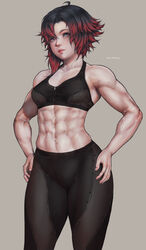 1girls abs black_hair breasts female female_only grey_background grey_eyes gym_uniform huge_ass looking_at_viewer muscles muscular muscular_female naughty_face prinzkuon red_highlights ruby_rose rwby seductive solo sports_bra thick_thighs white_skin yoga_pants