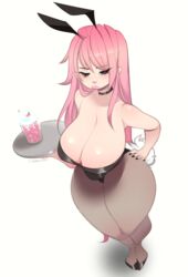 1girls artist_self-insert big_breasts breasts bunny_ears bunny_girl bunnysuit cheri_(cherrikissu) cherries cherrikissu cleavage digital_drawing_(artwork) digital_media_(artwork) drink female female_only fishnet fishnet_legwear fishnets food from_above hand_on_hip heart_eyes lips long_hair pink_eyes pink_hair self_portrait solo solo_female solo_focus standing