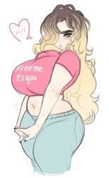 1girls annoyed artist_self-insert belly big_breasts blonde_hair blushing breasts cheri_(cherrikissu) cherrikissu chubby female female_only fingernails freckles green_eyes hair_covering_eye heart human lips long_hair looking_at_viewer navel pants pink_shirt posing real_person self_portrait shirt shy solo solo_female text_on_shirt tummy white_background