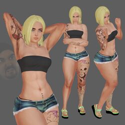 3d android_18 armpit_hair big_ass blonde_hair booty_shorts dansgame dragon_ball dragon_ball_z earrings fetish foot_fetish footwear honey_select ihateasuka meme outfit sandals shorts simple_background tattoo thick_eyebrows thick_thighs