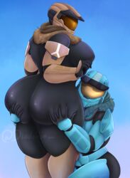 2girls armor armour big_ass big_breasts diadanon female female_only halo_(game) halo_(series) helmet holding_ass holding_butt multiple_girls skin_tight spartan spartan_(halo) squish