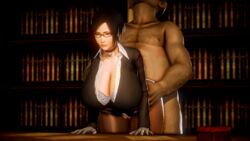 1boy 1girls 3d animated back bent_over big_breasts bookshelf bouncing_breasts choker classy cleavage fat_man from_behind gif glasses hanging_breasts hip_grab huge_breasts large_ass library long_breasts office_lady ozisan ugly_man under-rim_glasses