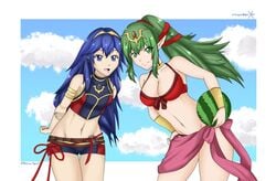 arms_behind_back bare_shoulders belly big_breasts bikini blue_eyes blue_hair burns_tiger5 cleavage cloud fire_emblem fire_emblem_awakening fire_emblem_cipher fire_emblem_heroes green_eyes green_hair large_breasts leaning_forward long_hair lucina_(fire_emblem) lucina_(summer)_(fire_emblem) melon pointy_ears ponytail red_bikini small_breasts sonicheroxd stomach swimsuit thick_thighs thighs tiki_(adult)_(fire_emblem) tiki_(adult)_(summer)_(fire_emblem) tiki_(fire_emblem) watermelon