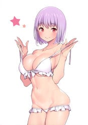 bikini blush breasts clavicle cleavage comic_market comic_market_95 female frilled_bikini frills front-tie_top groin high_resolution hips large_breasts lavender_hair looking_at_viewer lowleg lowleg_bikini navel official_art pop_kyun red_eyes scan shinjou_akane short_hair simple_background skindentation smile solo ssss.gridman star strap_gap swimsuit takeuchi_masato thighs underboob undressing untied untied_bikini very_high_resolution white_background white_bikini white_swimsuit