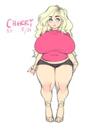 1girls artist_self-insert big_breasts blush breasts cheri_(cherrikissu) cherrikissu cleavage cute female female_only green_eyes hand_on_hip human lips long_hair navel navel_line real_person self_portrait shirt short_shorts shortstack sketch smiling solo standing thick_thighs wide_hips