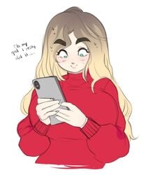 1girls 2020 artist_self-insert big_breasts blonde_hair breasts cheri_(cherrikissu) cherrikissu cute excited female female_only green_eyes happy holding_phone lips long_hair looking_at_phone onlyfans phone real_person self_portrait smiling solo sweater sweating white_background