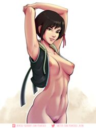 1girls areolae armpits arms_above_head arms_up bottomless breasts breasts_out brown_eyes brown_hair clitoris exposed_breasts female female_only final_fantasy final_fantasy_vii functionally_nude hairless_pussy headband hoodie human large_breasts light-skinned_female looking_at_viewer naked_vest navel nipples no_bra no_panties nude pinktaco pinup pussy shaved_pussy short_hair smile solo square_enix standing stretching toned_female uncensored vagina vest white_background white_skin yuffie_kisaragi