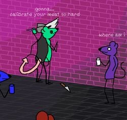 2020 against_wall ambiguous_gender anthro artist_request beverage didelphid duo_focus english_text group hi_res knife mammal marsupial murid murine plantigrade public rat rodent sewer_rave sex standing standing_sex tail_grab text weapon