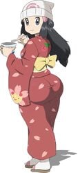 1girls ass big_ass blue_eyes blue_hair butt_crack chinese_clothes dawn_(pokemon) eating eye_contact female huge_ass human kimono long_hair looking_at_viewer nintendo pale-skinned_female pale_skin pokemon pokemon_dppt the_tits_of_mio thick_ass white_background