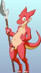 anthro balls belt_on_penis biped circumcised claws digital_media_(artwork) genitals hi_res horn humanoid_genitalia humanoid_penis kobold kory_kobold korykobold looking_at_viewer male male_only melee_weapon nipples nude open_mouth penis polearm reptile scalie simple_background smile solo spear standing toe_claws weapon