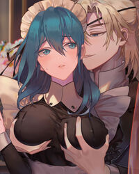 1boy 1girls bai_linqin blush breast_grab breasts byleth_(fire_emblem) byleth_(fire_emblem)_(female) dimitri_alexandre_blaiddyd female fire_emblem fire_emblem:_three_houses grabbing_from_behind groping highres large_breasts maid male molestation post-timeskip straight