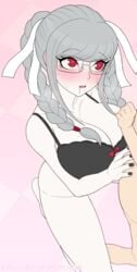 big_breasts bra cleavage danganronpa drooling failureofasavior fuyuhiko_kuzuryuu glasses kuzupeko pekoyama_peko smooth_skin sweat unseen_male_face