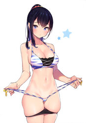 :< baby_face bare_shoulders bikini bikini_pull black_hair black_panties black_underwear blue_eyes blush breasts clavicle cleavage comic_market comic_market_95 female frown groin high_resolution hips long_hair medium_breasts navel official_art pantsu panty_pull ponytail pop_kyun scan simple_background skindentation slender_waist solo ssss.gridman star swimsuit takarada_rikka takeuchi_masato thick_thighs thighs tied_hair underwear undressing very_high_resolution white_background