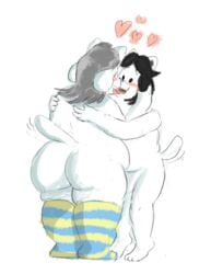 anthro ass big_butt blush bob_(undertale) canid canine clothing duo excited felid feline female fluffykangaroo french_kissing girly happy heart hug kissing larger_female legwear male mammal obese obese_female overweight overweight_female overweight_male penetration rear_view sex simple_background size_difference smaller_male stockings straight tailwag tem temmie_(undertale) undertale vaginal_penetration video_games white_background