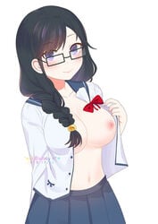 big_breasts black_hair blue_eyes blush braless breasts female female_only flashing glasses human looking_at_viewer lullaby nipples ore_wo_suki_nano_wa_omae_dake_ka_yo pansy_(oresuki) school_uniform skirt smiling solo solo_female white_skin