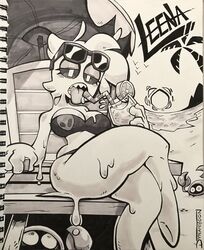 beach big_breasts bikini dynamo_toon goo_girl green_slime leena_(dynamo_toon) monochrome open_mouth sharp_teeth slime slime_girl thick_thighs traditional_media_(artwork)