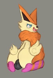 2020 absurd_res anthro ass backsack balls big_butt blue_sclera clothed clothing fangs fur genitals girly grey_background hi_res legendary_pokémon legwear looking_at_viewer looking_back male multicolored_body multicolored_fur nintendo open_mouth orange_body orange_fur pattern_clothing pattern_legwear pokémon_(species) pokemon presenting presenting_hindquarters rear_view simple_background solo stockings striped_clothing striped_legwear striped_stockings stripes tan_body tan_fur topless two_tone_body two_tone_fur unknown_artist vandan_(svric) victini video_games white_eyes