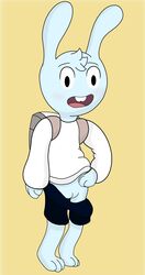 2020 9:17 adventure_time adventure_time_distant_lands alien anthro backpack blush cartoon_network clothed clothing female genitals hi_res humanoid lagomorph leporid mammal mexa open_mouth pussy rabbit simple_background smile solo y5 y5_(adventure_time) young