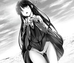 black_and_white black_hair blush female female_only fully_clothed hiyou_(kantai_collection) housou-chan kantai_collection long_hair manga skirt skirt_lift solo solo_female vagina white_skin