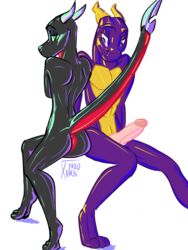 3:4 activision anthro ass black_body cynder dragon duo erection female genitals green_body imminent_sex looking_at_another male nude penis purple_body purple_eyes raised_leg scalie seductive_eyes spyro spyro_the_dragon straight video_games western_dragon white_background wingless_dragon xaskai