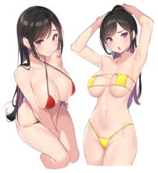 2girls :o armpits arms_up bangs bare_arms bare_shoulders between_legs bikini black_hair blush breasts clavicle cleavage criss-cross_halter cropped_legs eyepatch_bikini female groin halter_top halterneck highleg highleg_bikini highleg_swimsuit large_breasts long_hair looking_at_viewer medium_breasts mole mole_on_armpits mole_on_breast mole_under_eye multiple_girls navel open_mouth original ponytail pop_kyun purple_eyes red_bikini sidelocks simple_background sitting standing swimsuit thighs tied_hair white_background yellow_bikini yellow_swimsuit