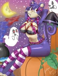 1girls anthro breasts candy cute female female_only ghosts heart_eyes leggings legwear lingerie moon night nintendo nipple_bulge pokémon_(species) pokemon pumpkin rattata red_eyes socks stockings violet_the_rattata witch_hat