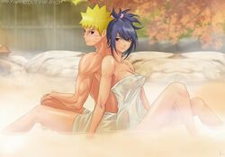 1boy 1girls amenoosa areolae back_to_back bent_knees blue_hair breasts brown_eyes crossover facial_markings hot_spring looking_at_another naruto naruto_(series) naruto_shippuden nipples see-through sheena_fujibayashi sitting smile steam tales_of_(series) tales_of_symphonia tied_hair towel uzumaki_naruto wet wet_towel yellow_hair