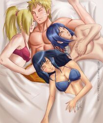 1boy 3girls amenoosa bed bed_sheet blonde_hair blue_hair bra breast cleavage closed_eyes covering covering_breasts facial_markings from_above hair_over_one_eye hyuuga_hinata ino_yamanaka konan naruto naruto_(series) naruto_shippuden piercings ponytail purple_hair sleeping smile tied_hair topless underwear uzumaki_naruto viewed_from_above