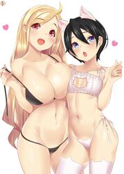 2girls :d ahoge animal_ears black_bra black_hair black_panties black_underwear blonde_hair blue_eyes blush bra breasts cat_cutout cat_ear_panties cat_lingerie cleavage cleavage_cutout derivative_work eyebrows_visible_through_hair female frilled_bra frilled_underwear frills hair_between_eyes heart high_resolution large_breasts lingerie long_hair looking_at_viewer meme_attire multiple_girls navel nekomimi oerba_yun_fang open_mouth original panties pantsu pop_kyun red_eyes short_hair side-tie_panties small_breasts smile stomach strap_lift string_panties swimsuit thighhighs underwear underwear_only very_long_hair w4pz white_background white_bra white_legwear white_panties white_underwear