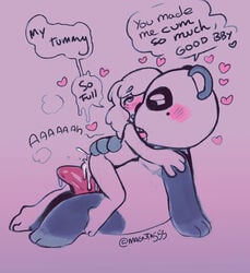 1girls 2020 after_sex animal_crossing anthro ass blush bodily_fluids chibi chow_(animal_crossing) cum cum_in_pussy cum_inside duo english_text female female_on_top genital_fluids genitals giant_panda heart human human_on_anthro interspecies magnta male mammal nintendo open_mouth penis short_hair simple_background sitting size_difference slightly_chubby spread_legs text ursid video_games villager_(animal_crossing)