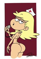 female jmdoodle leni_loud looking_at_viewer looking_over_shoulder micro_bikini nurse_cap solo stethoscope straight_hair the_loud_house