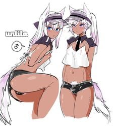 1boy animal_ears bulge catboy crop_top dark-skinned_femboy dark-skinned_male dark_skin eyebrows_visible_through_hair femboy girly looking_at_viewer male male_only nagano_rira short_shorts shorts simple_background solo tail trap unlila white_background