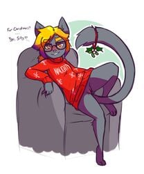 anthro ashley_(mewgle) blonde_hair blush bottomless chair christmas clothed clothing dialogue domestic_cat english_text eyewear felid feline felis female fur furniture furry furry_only genitals glasses grey_body grey_fur hair holidays looking_at_viewer mammal mewgle mistletoe partially_clothed pink_nose plant presenting presenting_pussy pussy raised_leg seductive simple_background sitting smile solo sweater tail text topwear yellow_eyes