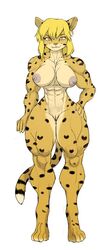 abs anthro areola audunor big_breasts blonde_hair breasts cheetah felid feline female genitals hair hand_on_hip mammal muscular muscular_female nipples nude pussy simple_background solo white_background