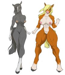 abs anthro areola audunor big_breasts blonde_hair breasts duo equid equine female genitals hair hi_res horse mammal muscular muscular_female nipples nude pussy simple_background white_background wide_hips