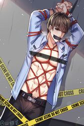 1boy angry bai_qi bondage brown_eyes brown_hair caution_tape censor_bar censored_breasts crime_scene eight_pack gag gavin handcuffed handcuffs hands_over_head human human_only left_alone love_and_producer male male_focus male_only mouth_gag mr_love:_dream_date mr_love:_queen's_choice nipple_censor pierced_ears police_tape police_uniform red_rope restrained rope shibari solo solo_male tape_gag taped_mouth unbuttoned uniform