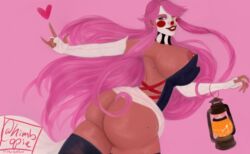 ass big_ass big_breasts brown_skin clown himbopie nipple_piercing nipple_slip pink_hair red_eyes