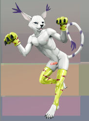 3_fingers 5_toes balls black_nose blue_eyes claws clothing digimon digimon_(species) domestic_cat ear_tuft fangs felid feline felis fingers fur gatomon genitals gloves grey_background handwear hornystorm legwear male mammal markings nipples penis pink_penis purple_body purple_fur purple_markings simple_background solo tail_markings toe_claws toes tongue tongue_out tuft white_balls white_body white_fur