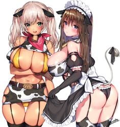 2girls animal_ears animal_print ass bare_shoulders bell bell_collar belt bikini black_gloves blue_eyes blush breasts brown_hair buckle cleavage collar cow_ears cow_girl cow_print cow_tail cowbell curvaceous detached_sleeves dress dress_lift elbow_gloves female gloves green_eyes horns huge_breasts in_profile jpeg_artifacts long_hair looking_at_viewer looking_back maid maid_headdress mataro_(matarou) miniskirt multiple_girls navel open_mouth original puffy_detached_sleeves puffy_sleeves red_neckwear red_scarf scarf simple_background skindentation skirt smile stomach swimsuit tail thick_thighs thighhighs thighs tied_hair twintails white_background white_hair wide_hips yellow_bikini yellow_swimsuit