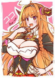 1girls 2020 ahoge artist_name bare_arms black_hairband braid breasts cigar_cat cleavage clothed clothing dragon_girl dragon_horns eyebrows_visible_through_hair fangs female female_only hairband hand_on_hip highres holoforce hololive hololive_japan horns huge_breasts jewelry kiryu_coco long_hair looking_at_viewer orange_hair pointy_ears red_eyes signature smile solo tongue very_long_hair virtual_youtuber