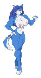 abs anthro audunor blue_body blue_hair canid canine canis female hair hand_on_hip hi_res hopey mammal muscular muscular_female nude one_eye_closed pose simple_background solo white_background wink wolf