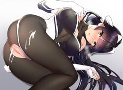 after_sex after_vaginal ass azur_lane bangs bare_shoulders black_hair black_legwear black_leotard blush bow breasts cleavage cleavage_cutout cum cum_in_pussy cumdrip elbow_gloves female gloves hair_flaps hairbow leotard long_hair looking_at_viewer lying on_side ooshima_aki open_mouth pantyhose ponytail pussy race_queen takao_(azur_lane) takao_(full_throttle_charmer)_(azur_lane) thighs two-tone_leotard white_bow white_gloves white_leotard yellow_eyes