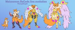 anthro armor black_markings black_sclera blue_background blue_eyes breasts claws clothing digimon digimon_(species) digimon_adventure_tri. english_text evolutionary_family feathered_wings feathers felid feline female fur inner_ear_fluff mammal markings mask meicoomon meicrackmon nude orange_body orange_fur raguelmon rasielmon signature simple_background text thornydog31 toe_claws tuft wings